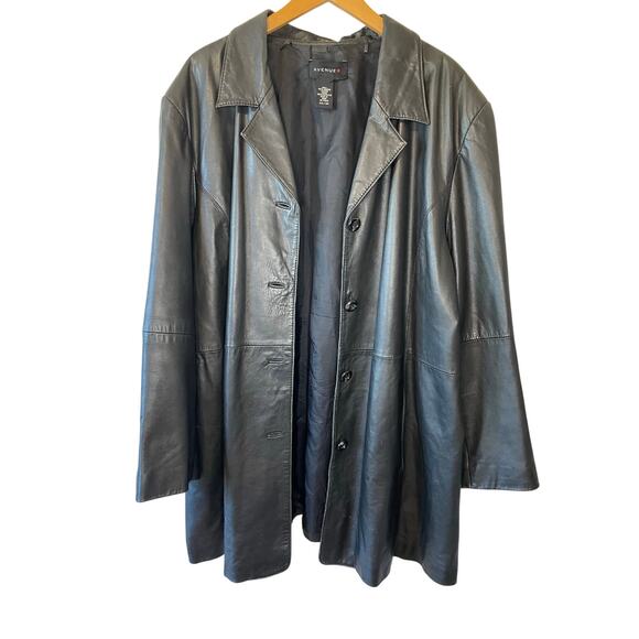 Avenue Soft Genuine Leather Black Collared Button Up Long Plus Size Jacket 22/24 - Picture 1 of 16